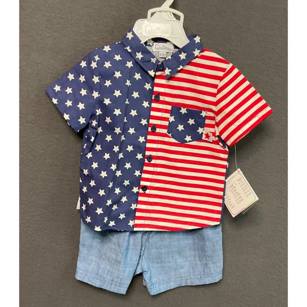 Quilttex‎ Baby Boy 2pc Set 6-9M Stars Stripes Shirt & Chambray Shorts USA NWT